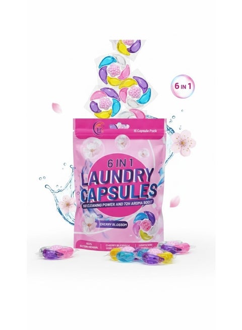 6-in-1 concentrated washing capsules clean deeply, remove bacteria and odors up to 99.9%, and leave a fresh cherry blossom scent that lasts up to 72 hours on clothes. Suitable for automatic and semi-automatic washing machines.